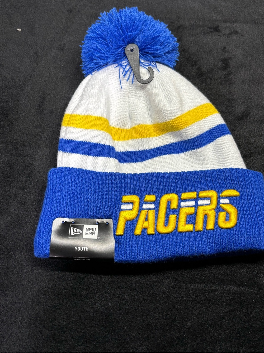 New Era Youth Indiana Pacers Royal Blue, White & Yellow Pom Knit Hat